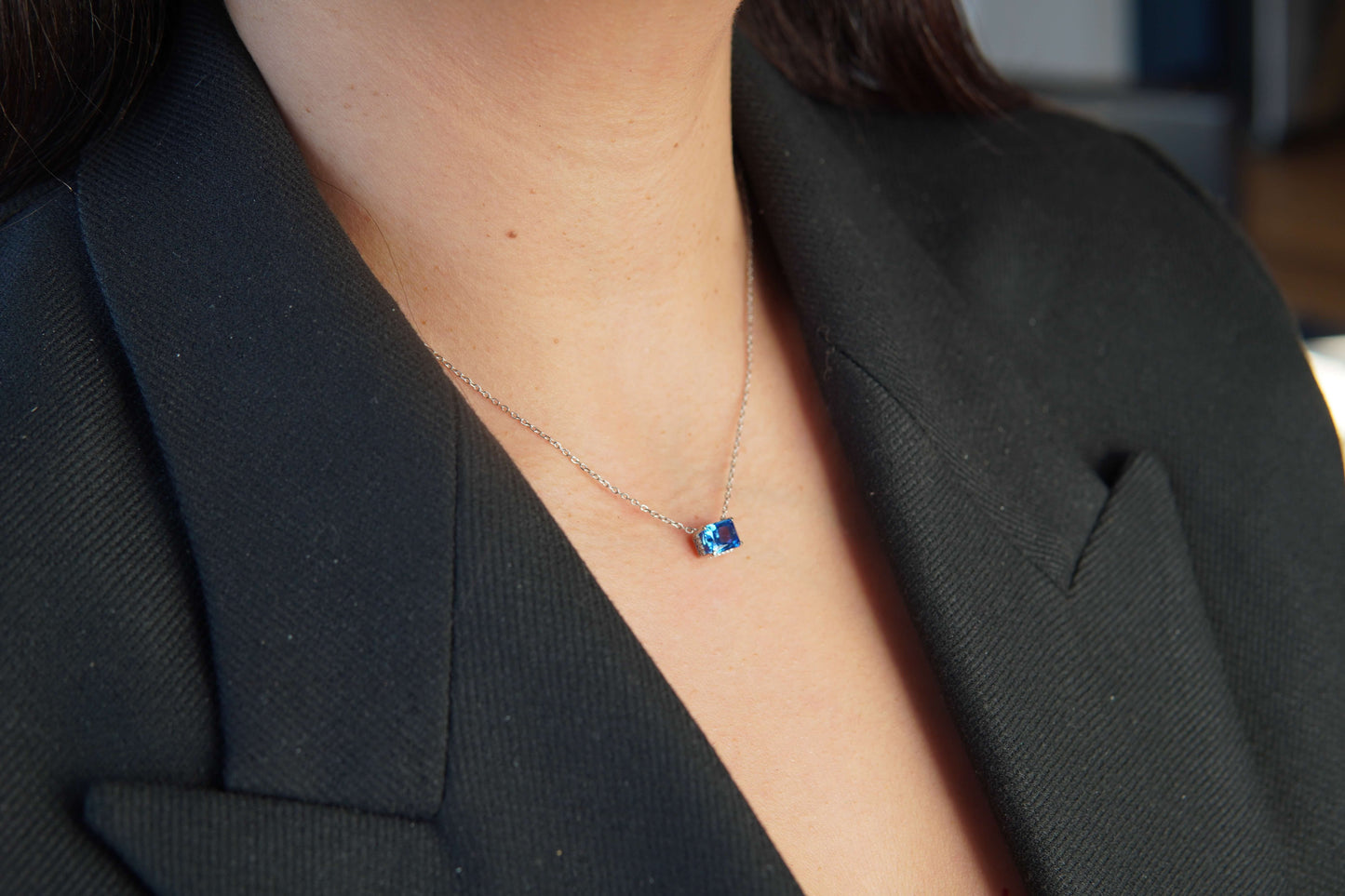 Blue Faux Diamond Pendant Necklace